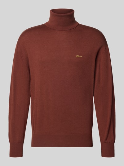 Produktfoto, Loose Fit Rollkragenpullover aus Woll-Mix von BLKVIS in Braun mit gerippten Abschlüssen und Label-Stitching, glatte Textur