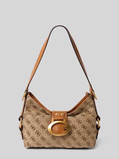 Produktfoto, Shoulder Bag mit Allover-Logo-Stitching Modell 'Camden' van GUESS, bruin met goudkleurige details, hoofdvak met ritssluiting, schouderband, breedte 23 cm, lengte 18 cm, diepte 9 cm, schouderbandlengte 51 cm