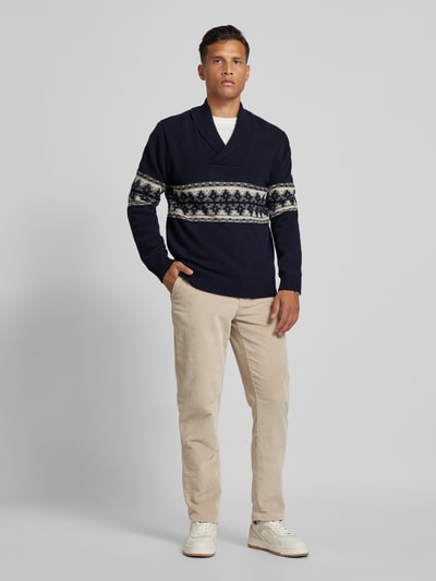 OLYMP Level Five Wollen pullover met sjaalkraag, model 'Intarsie' Marineblauw - 1