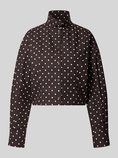 Produktfoto, Kurze voluminöse Bluse - curated by Mary Braun von Style Icon Collection, schwarze Baumwolle mit weißen Punkten, Stehkragen, Regular Fit, durchgehende Knopfleiste, glatte Textur