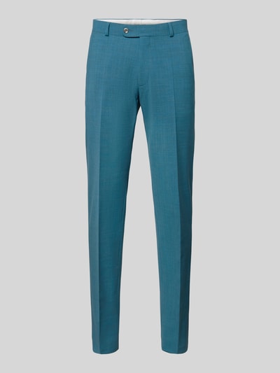 Produktfoto, Anzughose mit Schurwoll-Anteil Modell 'Silas' von Carl Gross in Blau, Regular-Fit, Elastischer-Material-Mix, Bügelfalten, Haken- und Knopfverschluss, Gürtelschlaufen, Eingriff- und Gesäßtaschen, Bundweite 74 cm, Innenbeinlänge 82 cm.