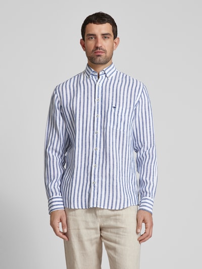 Fynch-Hatton Slim fit linnen overhemd met streepmotief Marineblauw gemêleerd - 4