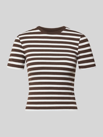 Produktfoto, Slim Fit T-Shirt mit Viskose-Anteil Modell 'JUNE' von ONLY, braun-weiß gestreift, gerippte Textur, Damen T-Shirt