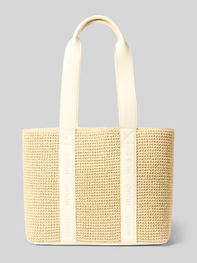 Produktfoto, Henkeltasche in Bast-Optik Modell 'BECKY' von HUGO in Beige mit Tragehenkel und Label-Tape, rechteckige Form, Webware-Struktur