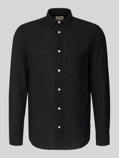 Produktfoto, Slim Fit Freizeithemd aus Baumwoll-Leinen-Mix Modell 'CAIDENLS SOLID' von Only & Sons, Optik: Unifarben, schwarze Farbe, durchgehende Knopfleiste, Kentkragen, Materialverarbeitung: Flammgarn