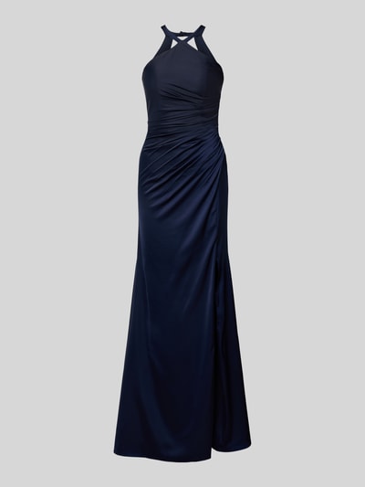 Produktfoto, Slim Fit Abendkleid mit Raffungen von Luxuar in Dunkelblau, Halterneck, Rückenausschnitt, Reißverschluss, glatte Textur