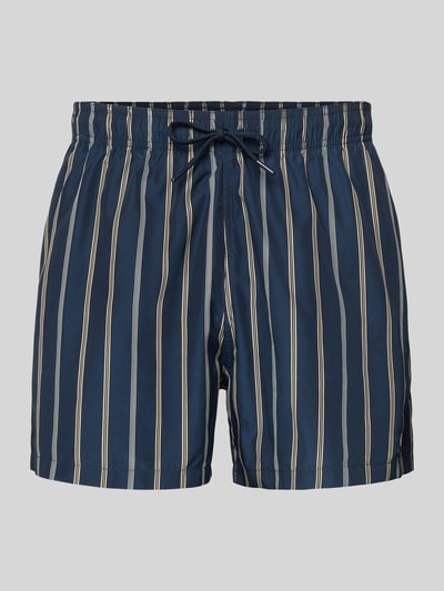 Produktfoto, Badehose mit Tunnelzug von Emporio Armani für Herren, Regular-Fit, elastischer Bund, Seitentaschen, Label-Stickerei, blau mit gelben und weißen Streifen, glatte Textur