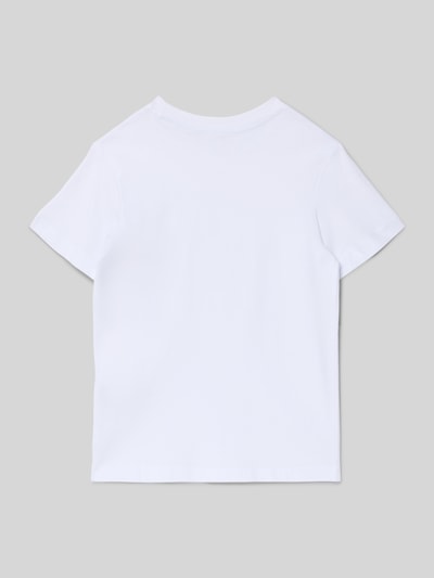 Produktfoto, weißes T-Shirt mit Rundhalsausschnitt von Jack & Jones aus reiner Baumwolle, Regular-Fit, Label-Detail, Rückenlänge 51 cm