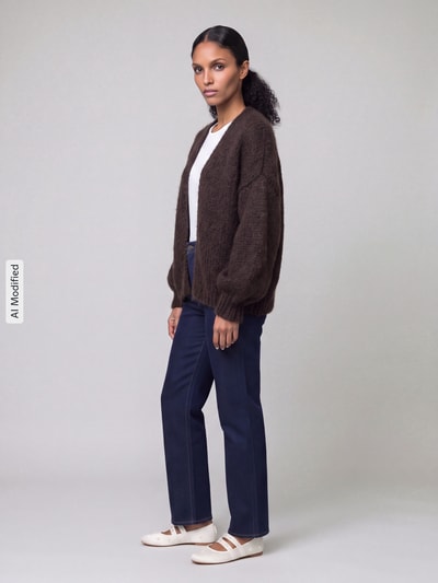 Kobiece modelka nosi kardigan rozpinany z bufistymi rękawami model 'MAYBE' od VERO MODA w ciemnym brązie, tekstura miękka, całopostaciowy widok z przodu, KI-modifiziertes Bild.