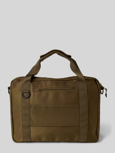 Produktfoto, Laptop-Tasche mit abnehmbarem Trageriemen von AY STUDIOS in Olivgrün, Reißverschlussfächer außen, rechteckige Form, glatte Oberfläche, Maße 42x32x7 cm, verstellbarer Schulterriemen 98 cm, Hauptfach mit Reißverschluss.