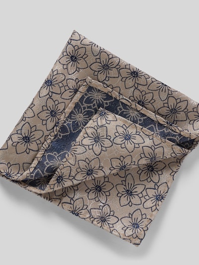 Produktfoto, Fliege und Einstecktuch mit floralem Allover-Stitching von G.O.L., beiges und dunkelblaues Set mit Geschenkbox, wendbares Design, feine strukturierte Oberfläche