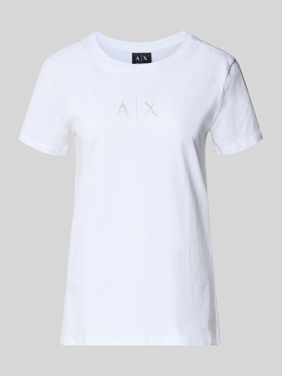 Productfoto, T-Shirt met ronde hals en logo van ARMANI EXCHANGE in wit, katoen, regular fit, ruglengte maat S 62 cm.