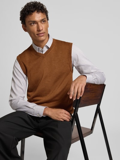 Christian Berg Men Gebreid shirt van een mix van merinowol met V-hals Cognac gemêleerd - 3