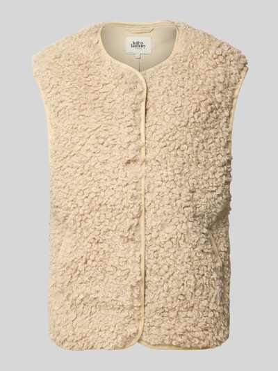 Produktfoto, cremefarbene Weste aus Teddyfell Modell 'Vada' von LOLLYS LAUNDRY mit Knopfleiste, Rundhalsausschnitt, strukturierte Oberfläche, Damen Weste Regular Fit