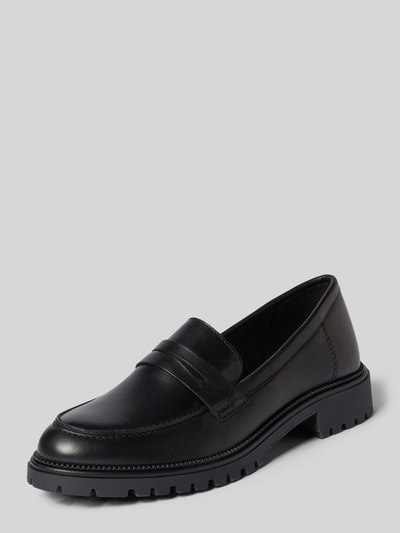 Produktfoto, Loafer aus echtem Rindsleder von Tamaris, unifarben schwarz, abgerundete Schuhspitze, Blockabsatz, Logo-Detail, glatte Struktur