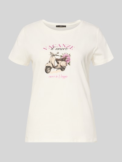 Produktfoto, T-Shirt mit Motiv-Print und Rundhalsausschnitt von Zero, Damen T-Shirt aus Baumwoll-Mix mit Stretch-Anteil, Gerader-Schnitt, Rückenlänge bei Größe 36: 53 cm, cremeweiß mit Rollermotiv und pinkfarbenem Schriftzug, glatte Textur