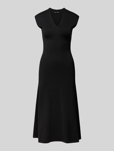 Produktfoto, schwarzes Kleid aus Viskose-Mix Modell 'CANELONS' von MANGO, taillierte Passform, ärmellos, V-Ausschnitt, Midilänge.