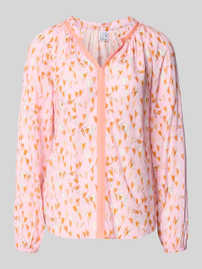 Produktfoto, Regular Fit Bluse aus Viskose mit V-Ausschnitt von Emily Van den Bergh in Rosa mit buntem Allover-Herz-Muster, glatte Textur