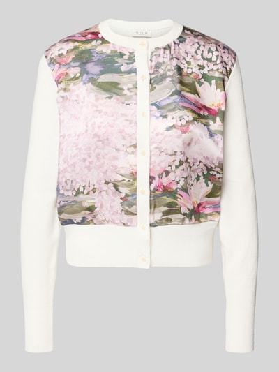 Produktfoto, Cardigan mit geripptem Rundhalsausschnitt Modell 'SISILLA' von Ted Baker, bunte Front in floralen Pastellfarben, Knopfleiste, glatte und gerippte Texturen, gerade geschnitten