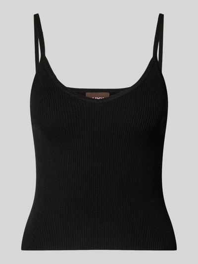 Produktfoto, Crop Top aus Viskose-Mix Modell 'ESTHER' von JIXX in Schwarz, feine Rippstruktur, Cropped, V-Ausschnitt, Spaghettiträger, Rückenlänge bei Größe S: 48 cm.