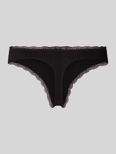 Productfoto, zwarte String aus Baumwoll-Mix im 3er-Pack Modell 'ESSENTIAL' van DORINA, nauwsluitende fit, kanten boord, sierstrikje