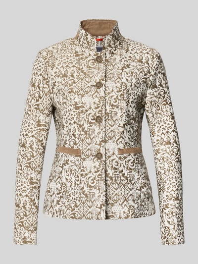 Produktfoto, Slim Fit Blazer im Allover-Look mit Stehkragen von WHITE LABEL, materiał z domieszką bawełny, krój slim fit, całkowity wzór, stójka, zapięcie na guziki, długość tyłu w rozmiarze 36: 62 cm, szerokość w rozmiarze 36: 46 cm, długość rękawa w rozmiarze 36: 63 cm, beżowo-białe kolory, wyrazista tekstura
