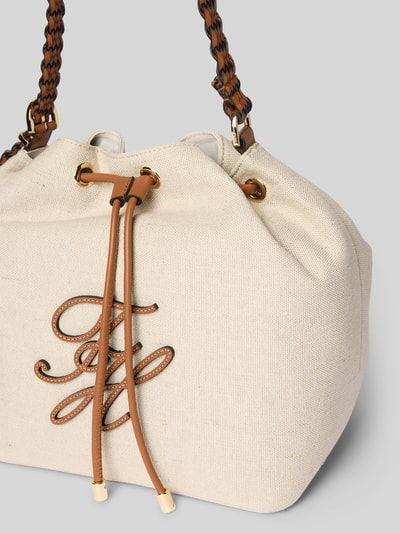 Produktfoto, Beuteltasche aus reinem Leinen von Tommy Hilfiger in Optik: Unifarben, Tunnelzug, Hauptfach, Logo-Applikation, Schulterriemen, Canvas, Material: reines Leinen, beige Farbtöne, strukturierte Oberfläche, goldfarbene Details