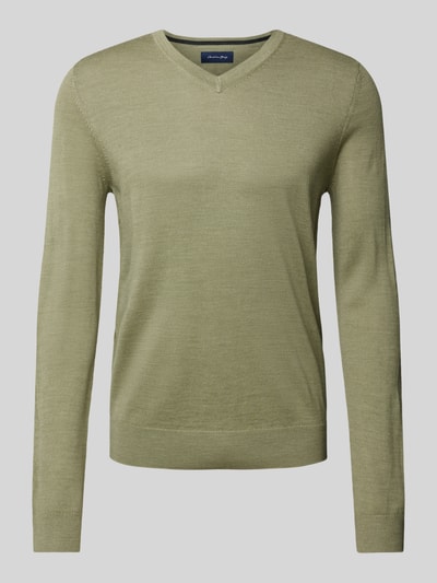 Christian Berg Men Gebreide pullover met V-hals Olijfgroen gemêleerd - 4