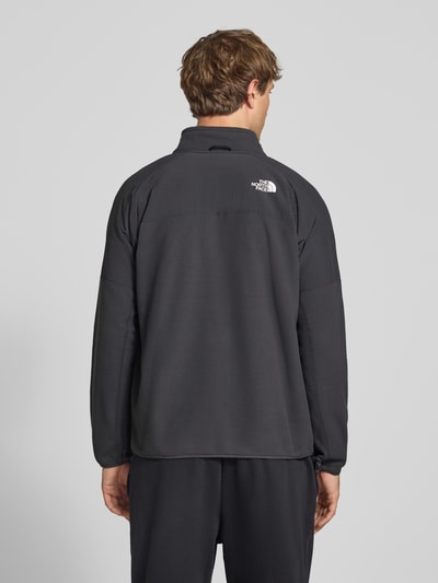 Männermodel trägt Regular Fit Jacke mit Stehkragen Modell 'GLACIER' von The North Face, Logo-Print, schwarze glatte Textur, Ganzkörperansicht Rückansicht.
