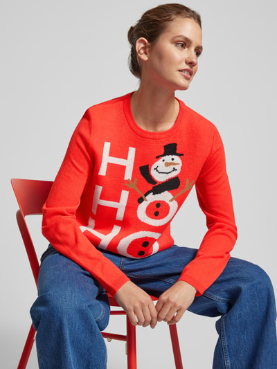 Only Sweter z dzianiny z okrągłym dekoltem model ‘XMAS SELFIE’ Czerwony 3