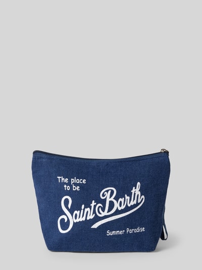 Produktfoto, Kosmetiktasche aus Leinen mit Statement-Print Modell 'ALINE' von MC2 Saint Barth in Dunkelblau, Textur grob, Label-Print vorn.