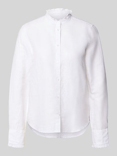 Produktfoto, weiße Regular Fit Bluse aus Leinen-Baumwoll-Mix mit Stehkragen und Knopfleiste von Gant, glatte Struktur, frontal fotografiert.