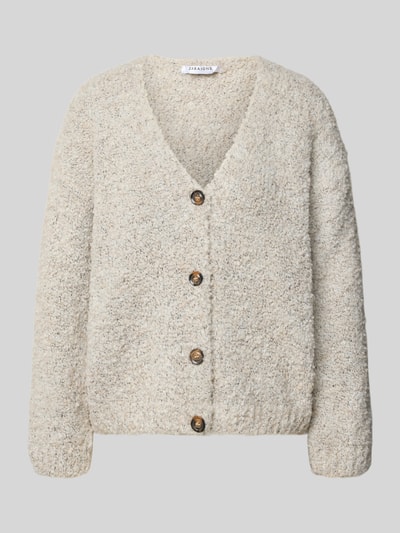 Produktfoto, Relaxed Fit Strickjacke aus Woll-Viskose-Mix Modell 'Sofia' von ZABAIONE, beige, grob strukturierte Oberfläche, V-Ausschnitt, lange Ärmel, durchgehende Knopfleiste, Damen Strickjacke