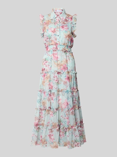 Produktfoto, Regular Fit Maxikleid mit Rüschenbesatz von ADLYSH in Floraler-Allover-Print, Knopfleiste, Umlegekragen, ärmelloses Design, taillierte Passform, zartes Pastellfarben, leichte Struktur