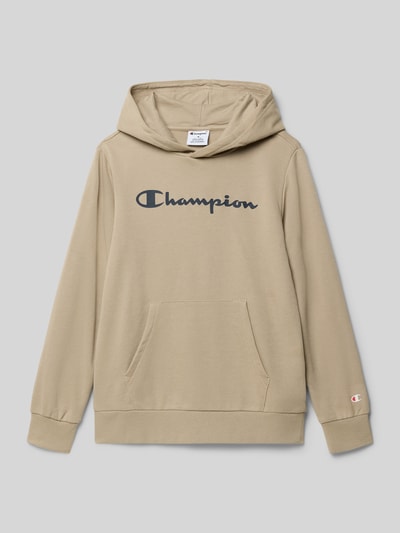 Produktfoto, beiger Regular Fit Hoodie mit Logo-Print von CHAMPION, Känguru-Tasche, Kapuze, elastische Abschlüsse, Baumwoll-Mix.