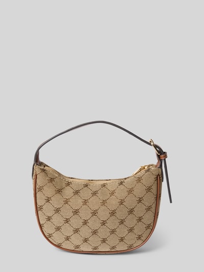 Produktfoto, Shoulder Bag mit Allover-Logo-Stitching Modell 'DENIZ' von Mango, beige-braun, schmaler Riemen, Reißverschluss, strukturierte Oberfläche