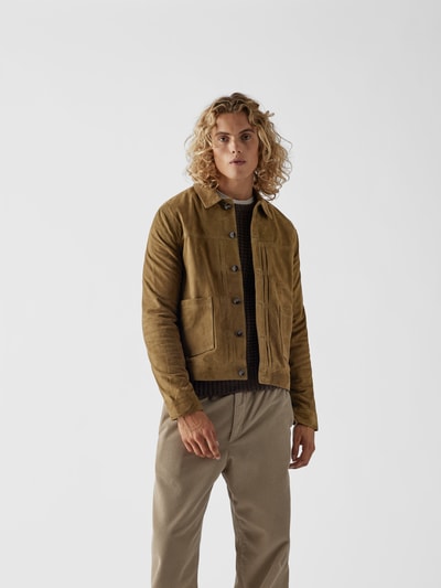 Officine Générale Lederjacke mit Biesen Oliv 4