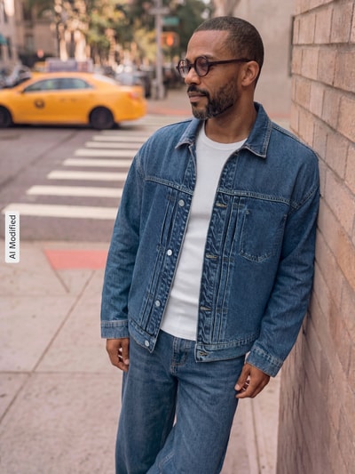 Männermodel trägt Regular Fit Jeansjacke aus Baumwoll-Lyocell-Mix Modell 'AASHTON' von ARMEDANGELS in Blau, Ganzkörperansicht von vorne, KI-modifiziertes Bild