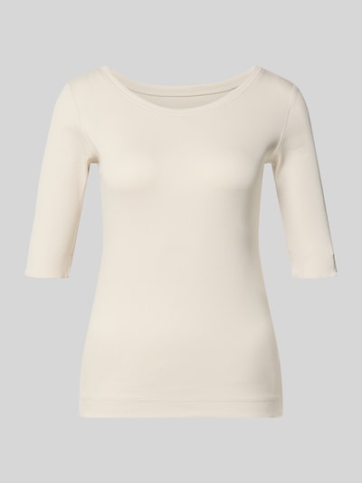 Produktfoto, T-Shirt in Ripp-Optik mit Rundhalsausschnitt von Marc Cain, Damen T-Shirt im Slim-Fit aus Baumwoll-Elasthan-Mix, cremefarben, Rückenlänge bei Größe 36 57 cm, glatte Struktur