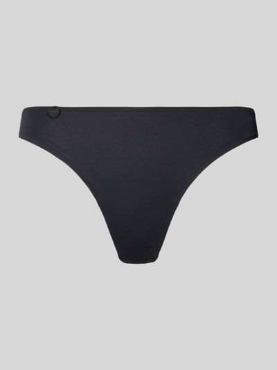 Produktfoto, Slip mit Label-Detail von Marie Jo aus Material-Mix mit Stretch-Anteil, körpernaher Schnitt, schlichtes Schwarz auf grauem Hintergrund.