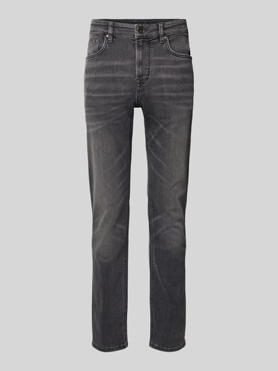Produktfoto, Regular Fit Jeans mit Stretch-Anteil Modell 'Mitch' von JOOP! Jeans aus Baumwoll-Mix, 5-Pocket-Design, Label-Patch aus Echtleder, dunkelgraue Waschung, sichtbare Nähte, Knopf- und Reißverschluss, Bundweite 42 cm, Innenbeinlänge 80 cm, strukturierte Oberfläche