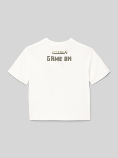 Produktfoto, weißes Kinder T-Shirt mit Motiv-Print von Mango aus reiner Baumwolle, Regular-Fit, gerippter Rundhalsausschnitt, Rückenlänge 42 cm bei Größe 116.