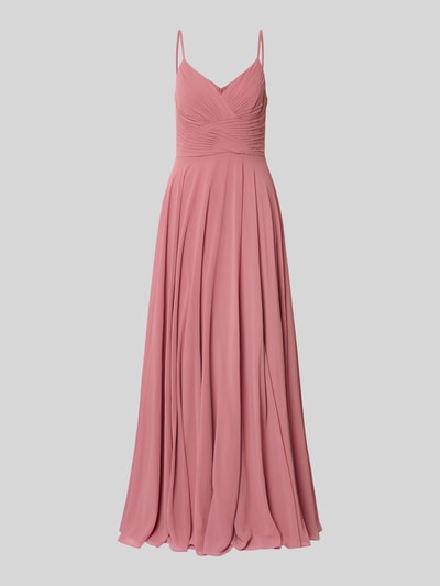 Produktfoto, Abendkleid mit Drapierungen und V-Ausschnitt von Mascara, Taillierter Schnitt, Maxikleid, zarte rosafarbene Textur, Rückenlänge 128 cm, Brustweite 32 cm, fließende Form.