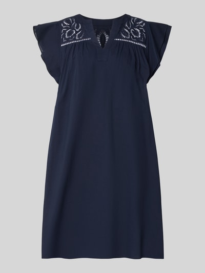 Produktfoto, Relaxed Fit Minikleid mit Loch-Stickerei von ROBE LÉGÈRE, Reine Baumwolle, Tunika-Ausschnitt, Kappärmel, navyblau.