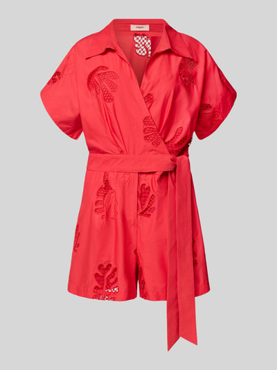 Produktfoto, Jumpsuit in Wickel-Optik Modell 'TRACY' von SUNCOO PARIS in Rot, reine Baumwolle, Lochstickerei, Bindegürtel, relaxed fit