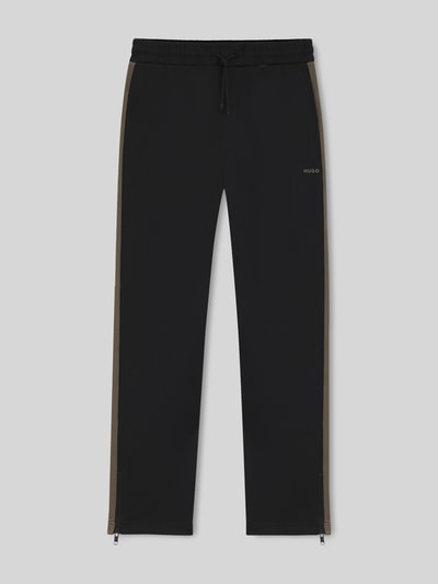 Produktfoto, Relaxed Fit Jogginghose mit Galonstreifen Modell 'DOLOS' von HUGO in Schwarz, unifarben, Sweat-Material, Label Print, Tunnelzug-Bund.