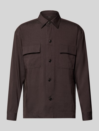 Produktfoto, Regular Fit Overshirt aus Leinen-Mix von BOSS, braun, glatte Textur, zwei Brusttaschen, Optik: Unifarben, Passform: Regular-Fit