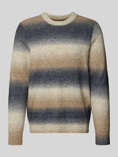 Produktfoto, Strickpullover mit Rundhalsausschnitt Modell 'AIDEN' von Samsøe Samsøe in Blau-Beige-Grau Tönen, gerader Schnitt, gestrickte Textur, Material-Mix mit Alpaka-Anteil