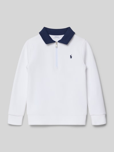 Produktfoto, Sweatshirt mit Reißverschluss und Label-Stitching von Polo Ralph Lauren Kids in Weiß mit blauem Umlegekragen, Baumwoll-Mix, Regular-Fit