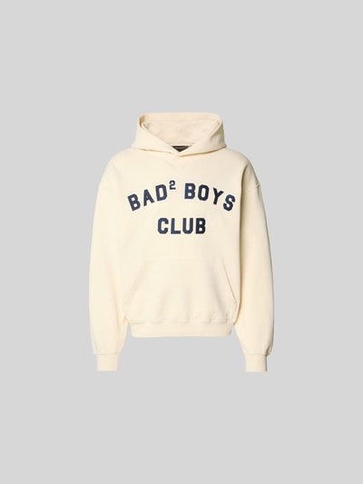 Produktfoto, Regular Fit Hoodie mit Statement-Print von Dsquared2 aus reiner Baumwolle mit Känguru-Tasche und elastischen Abschlüssen in Creme, Herren, Rückenlänge bei Größe M 67 cm.